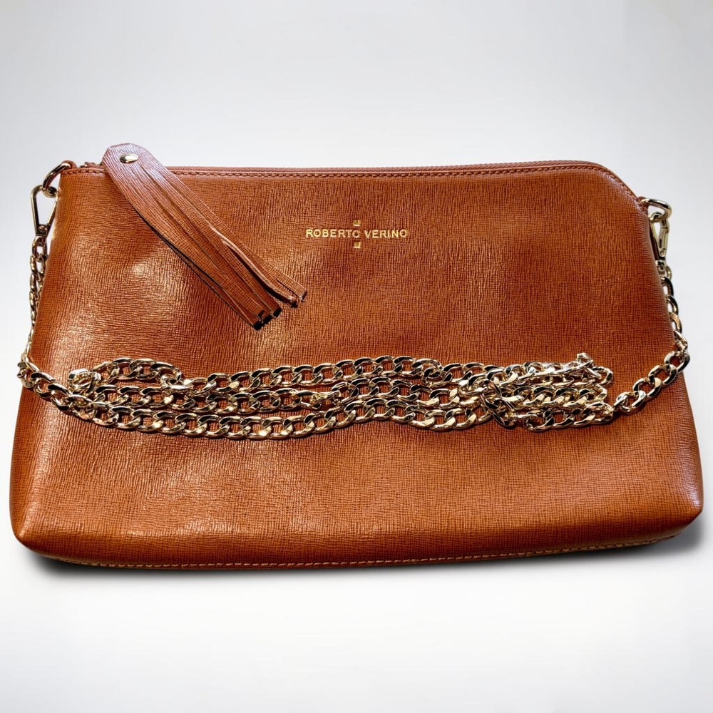 Roberto Verino Cognac Saffiano Leather Crossbody Bag Gold Hardware